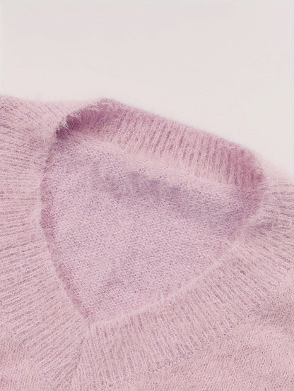 Plus Size - Women'S Cozy Yellow V-Neck Sweater with Pearl Buttons & Fleece-Lined Cuffs - Asymmetrical Hem, Geometric Pattern, Casual Winter Pullover for Casual Attire, Winter Apparel | Vneck Sweater | Pearl Button Details, Sw