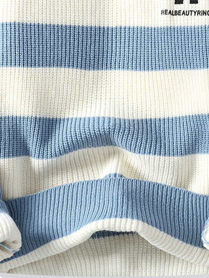 Men's 2025 Autumn/Winter Striped Sweater for Youth with Color Block Round Neck Casual Warm Knitwear