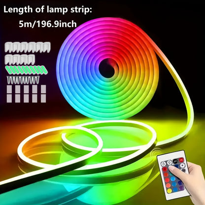 Single-Color RGB Neon LED Strip with USB Interface, DC5V Safe and Reliable, 24-Key Remote Control, IP65 Waterproof, Color Changing, Adjustable Brightness, Holiday Gift for Girlfriend or Friend, Party Atmosphere Light, Festiva