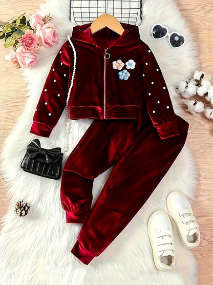 2pcs Velvet Girls' Luxury Long Sleeve Three-Dimensional Floral Hoodie and Jogger Set - Soft, Warm, Stylish for Winter and Autumn Parties