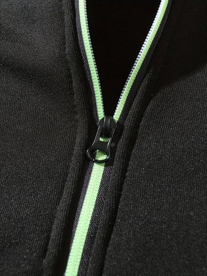 Men's Sporty Full-Zip Stand Collar Sweatshirt - Long Sleeve Casual Pullover with Neon Green Accents, Solid Color Non-Stretch Fabric, Regular Fit for Fall Winter