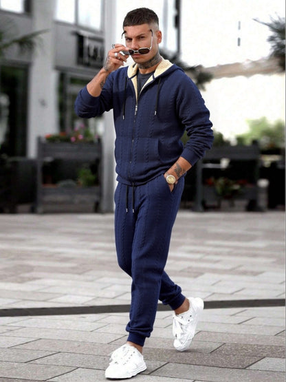 Men's Winter Fashion Two-Piece Set: Jacquard Hooded Cardigan with Lining & Long Pants – Ideal for Autumn and Winter, Winter Clothes For Men