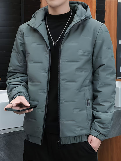 Men's Winter Windproof Jacket Thickened Insulated College Style Hooded Coat with Zipper Front, Pockets & Machine Washable - Solid Color for Hiking & Outdoor Activities