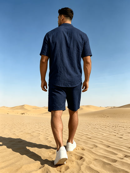 Men's Casual Linen Short Sleeve Shirt & Shorts Set for Summer
