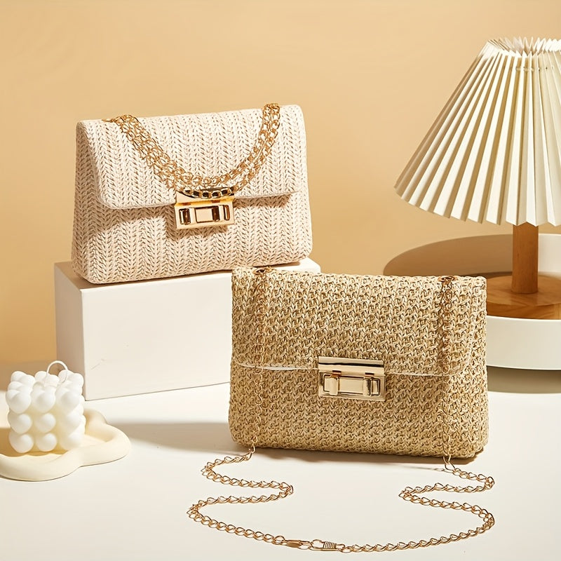 Crossbody Bag for Women Chain Strap Summer Beach Straw Flap Handbag Stylish Accessory Shoulder Bag for Day-to-Night Outfits