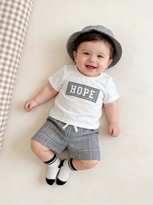 Boys' Summer Casual Shorts Set with Alphabet Tee and Hat