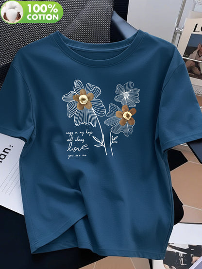 Women's 100% Cotton Casual Crew Neck T-Shirt with Floral Print