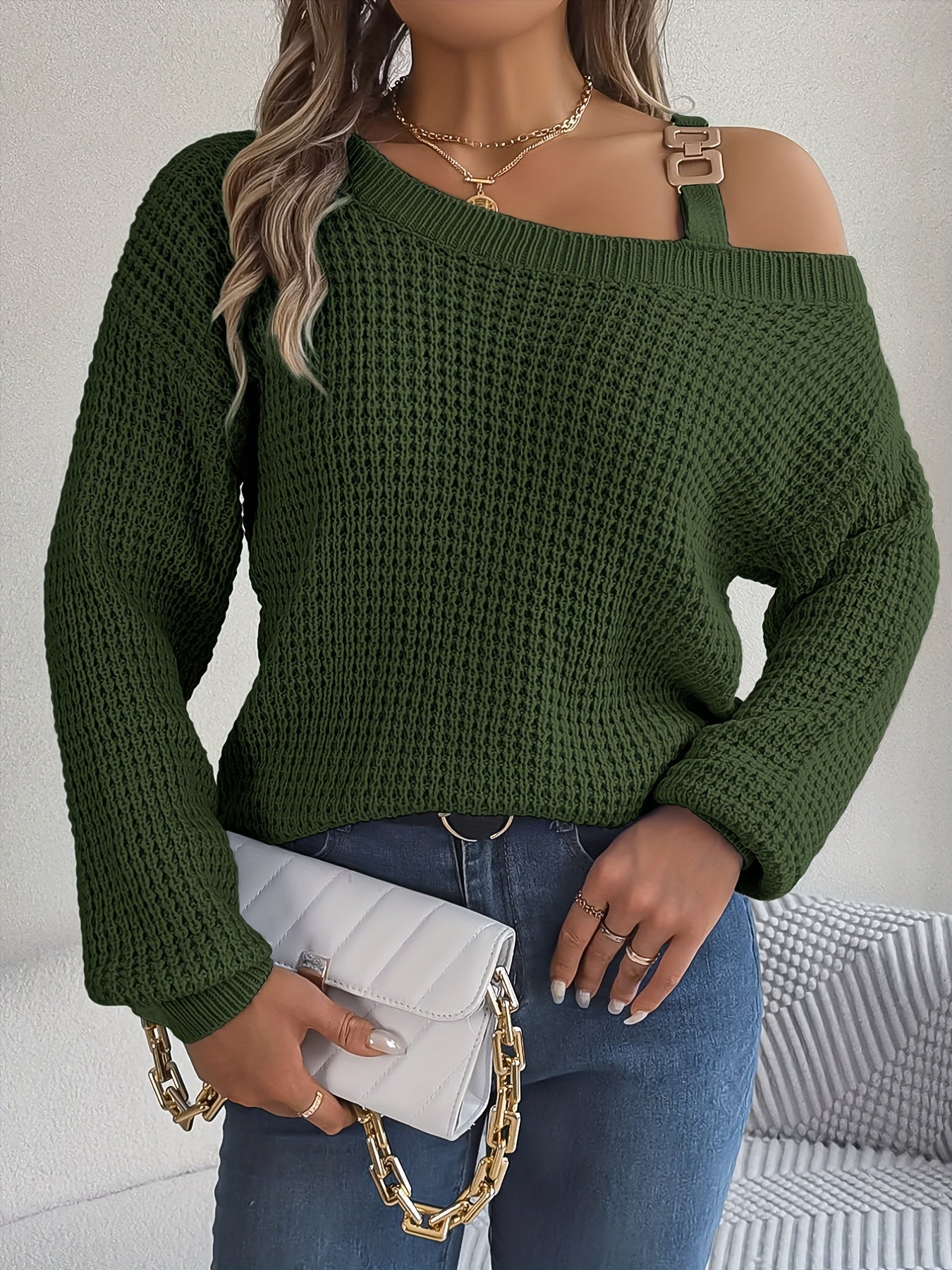 Casual And Versatile Long-Sleeve Sweater with Shoulder Cutouts And Metal Buttons for Autumn And Winter.