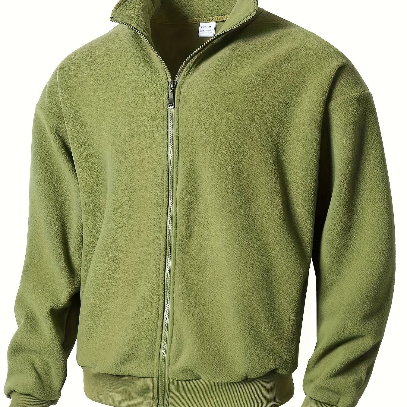 1pc Men'S Casual Sports Fleece Jacket - Solid Color Polyester Knit with Slight Stretch, Stand Collar, Long Sleeve, Regular Fit, Zipper Closure, Daily & Casual Wear