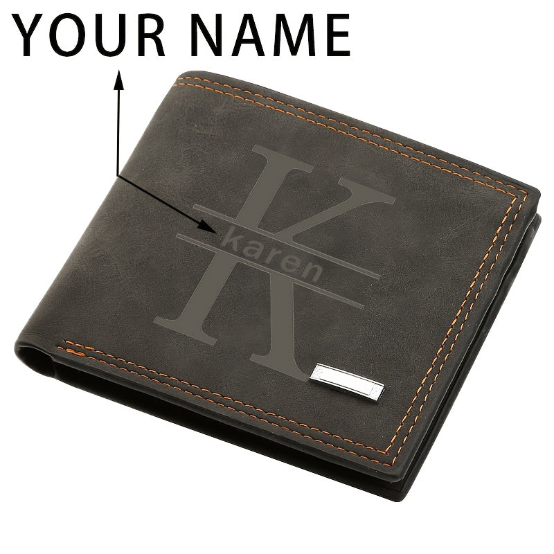Personalized Men's Faux Leather Wallet - Vintage Style, Business Card Holder, Black PU with Plaid Detail