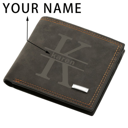 Personalized Men's Faux Leather Wallet - Vintage Style, Business Card Holder, Black PU with Plaid Detail