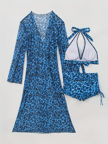 Women's Leopard Print Bikini Boxer Briefs with Mesh Cover-Up