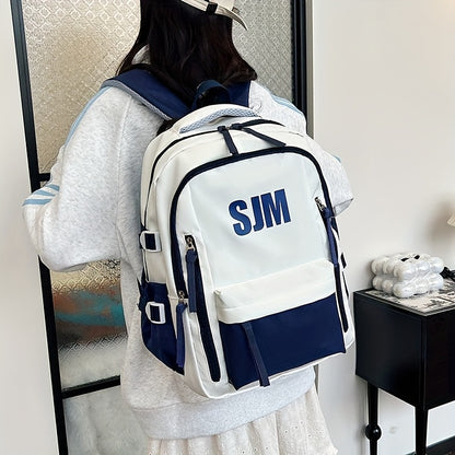 Stylish Unisex Nylon Backpack - Durable Casual Travel  School Bag with Adjustable Straps, White  Blue Design, Lightweight and Spacious for Everyday Use, School Backpack   Contrast Strap Design   Polyester Lined, Travel Back