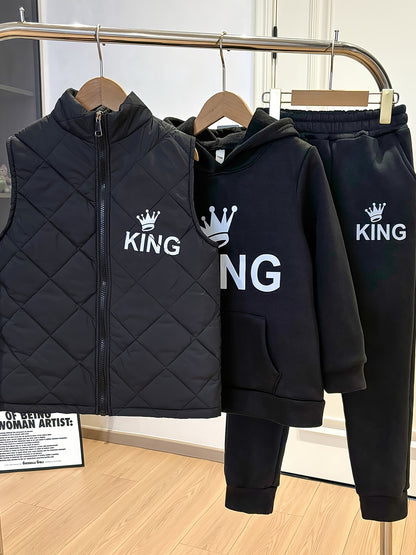 3pcs Boys' Winter Thermal Full Set - Thick Zip-Up Vest, Hooded Sweatshirt & Full-Zip Pants Jacket with & KING Logo Print (Black) - Loose-Fit Cold Weather Outfits for &, Machine Washable, Perfect for Outdoor