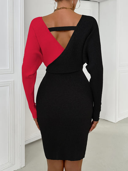 Color Block Deep V Neck Knitted Dress, Sexy Chain Waist Long Sleeve Midi Dress, Women's Clothing
