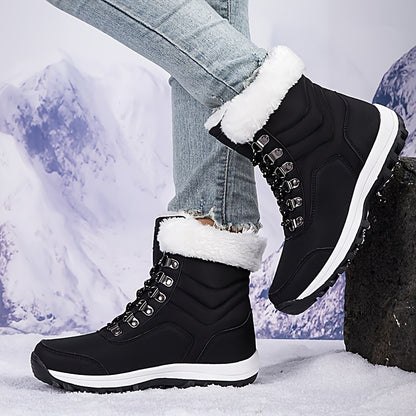 Women's Winter Boots with Fau - High-Top Snow Boots with Buckle Strap & Spiked Traction, Round Toe Synthetic /Nylon-like, Plush & Rubber Sole for Ice Walking, Snowshoe Boots (Black), Winter Boots For Women, Snow Boots Women,
