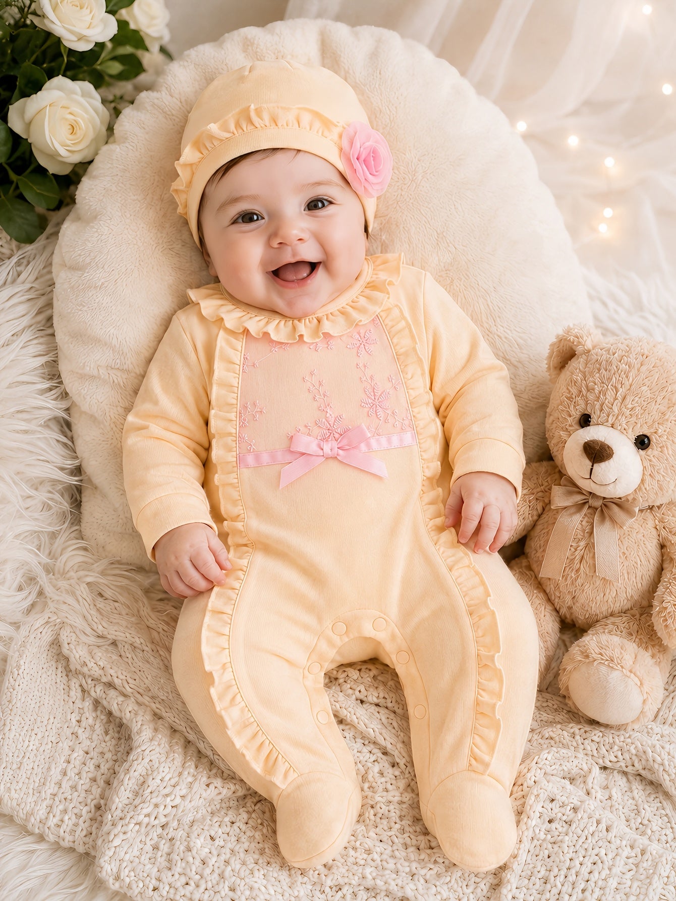 Baby Girl Cotton Romper Set with Ruffle Trim and Hat 0-12m