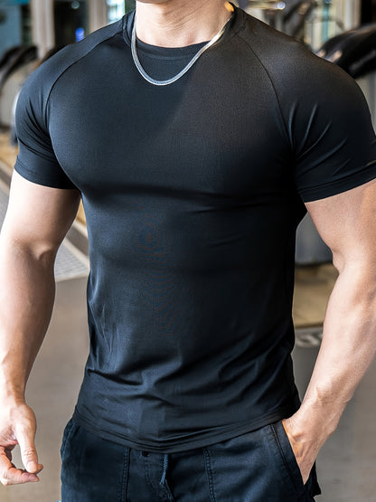 Men'S Slim-Fit Quick-Dry Athletic T-Shirt - Breathable, Stretchy, Solid Color Crew Neck Tee for Gym, Casual Summer Wear, Gym Apparel   Trendy Men'S Tee   Quickdry Materia
