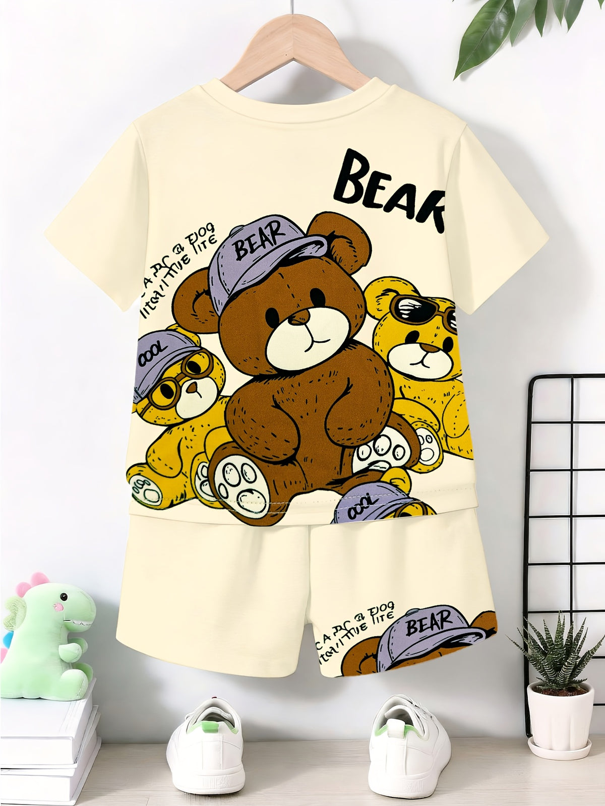 Boys' Cute Cartoon Teddy Bear Print Shorts and Pullover Set - ayq
