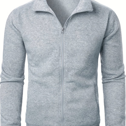 Men'S Slim-Fit Fleece-Lined Zip-Up Hoodie - Warm Long Sleeve Casual Jacket with Stand Collar, Solid Color, Polyester Lining, Pockets, Regular Fit for Fall/Winter, Winter Hoodie, Autumn Outerwear, Sleek Design, Durable Fabric,