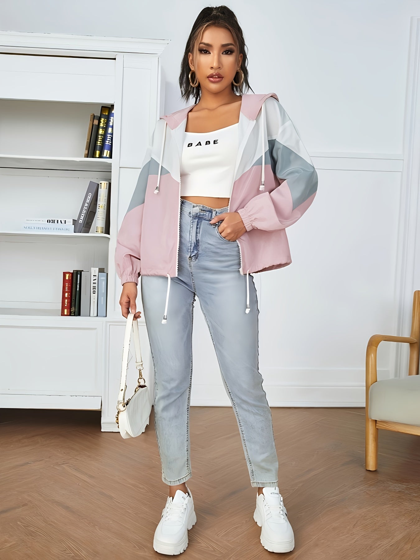 Fashionable dropped-shoulder hooded color-block sun-protective jacket with zipper and drawstring