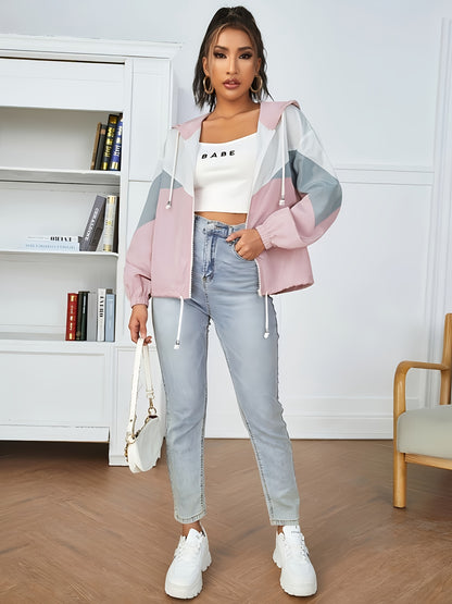 Fashionable dropped-shoulder hooded color-block sun-protective jacket with zipper and drawstring