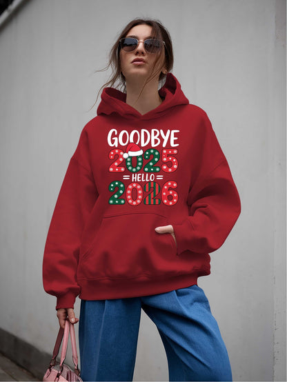 Women'S Hoodie - Goodbye 2025 Hello 2026 Sweatshirt with Christmas Countdown Design, Beige Pullover Hoodie, Front Pocket for Fall/Winter, Cozy Long Sleeve Sweater for New Year'S Eve & Everyday Winter Outfits - Perfect Gift fo