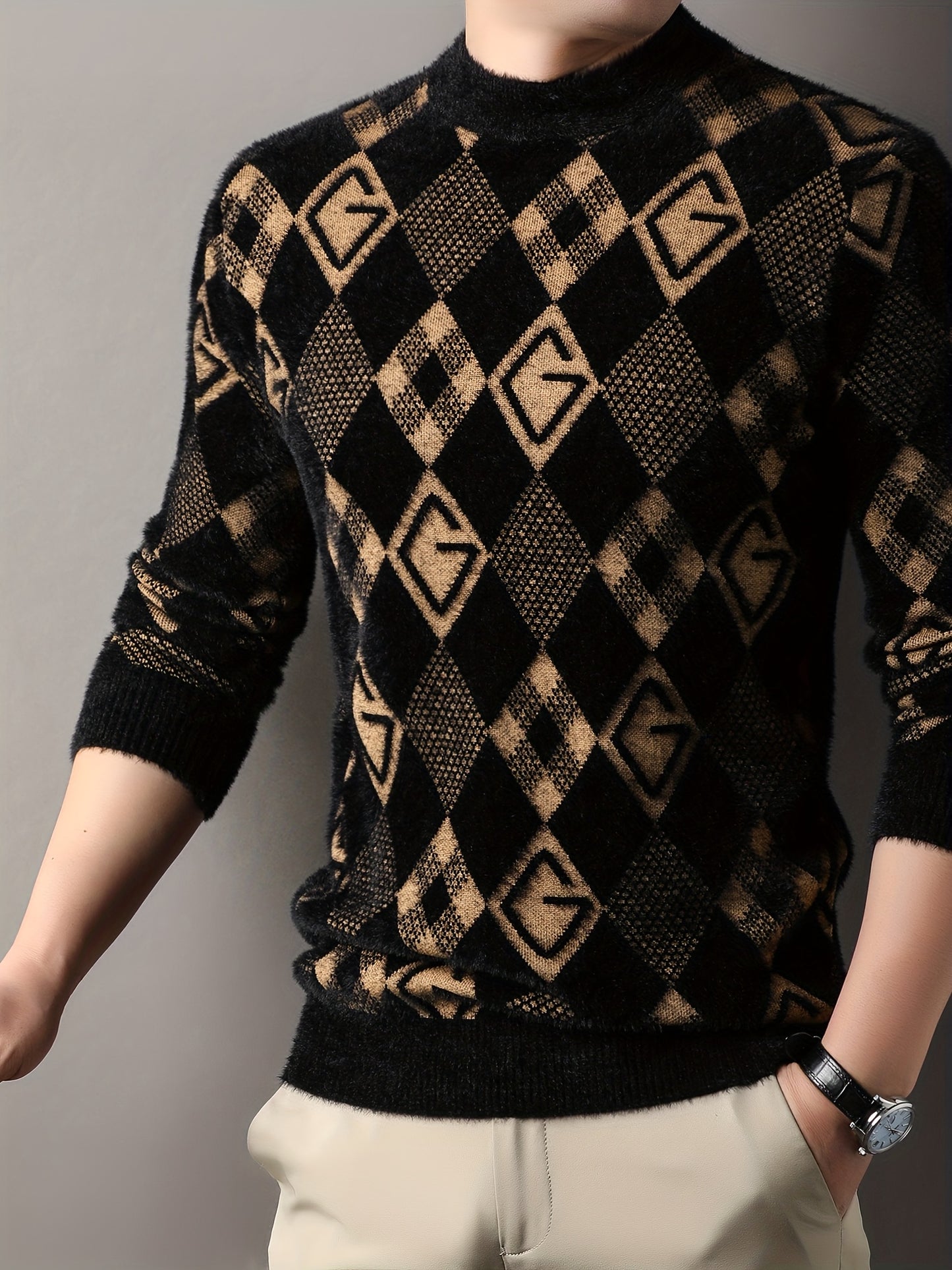 Maqiqi OBM Men's New Autumn/Winter Knit Pullover, Plaid Pattern Men's Sweater with Letter Decoration, Faux Mink Fur Round Neck Long Sleeve Men's Top, Soft and Comfortable Fabric, Suitable for Casual Outings, Men's Gift