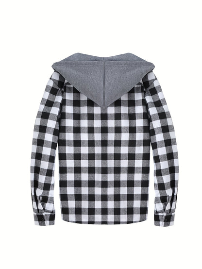 Plaid Shirt Coat For Men Long Sleeve Casual Regular Fit Button Up Hooded Shirts Jacket