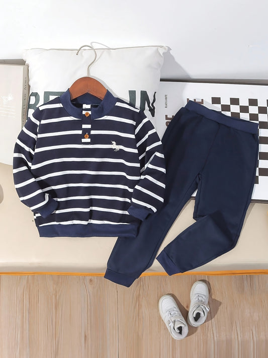 Boys Casual Blue White Striped Long-Sleeve Sweatshirt & Pants Set