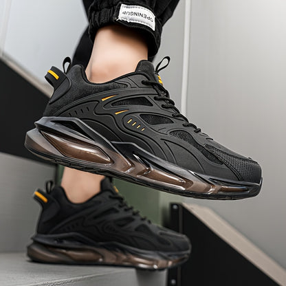 Men's Casual Sneakers - Breathable Low-Top Lace-Up Design, Durable PU Upper  Cushioned PVC Sole for All-Season Comfort - Black with Yellow Accents - Ideal for Running, Hiking, Daily Wear, Hiking Footwear, Stylish Contrast Ac