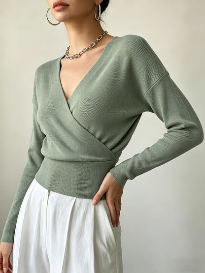 Women's Elegant Cross-Collar V-Neck Pullover Knitwear for Fall/Winter