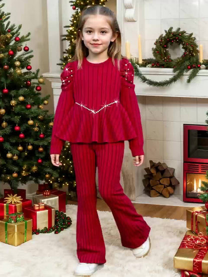Young Girl Fashion Casual Solid Color Striped Beaded Pleated Shoulder Long Sleeve Round Neck V-Neck Mid-Rise Pullover with Matching Elastic Waist Flared Pants for, for Outdoor