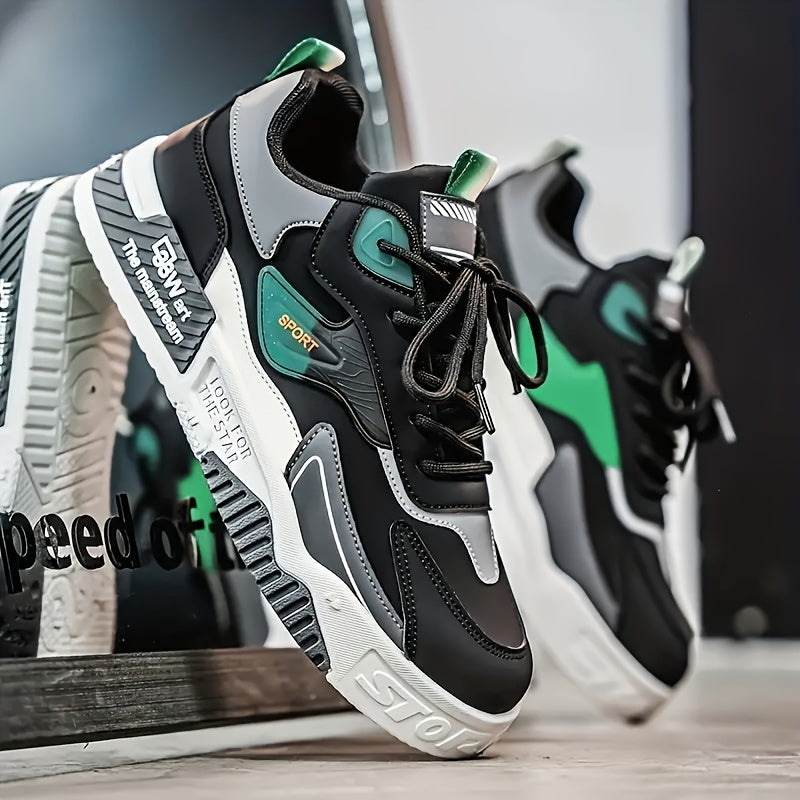 Men's Low-Top Skate Sneakers - Black with Teal Accents, PU Upper  PVC Sole, Slip-Resistant Comfortable Lace-Up Shoes for Urban Streetwear, Outdoor Sports, All-Season Casual Wear, Skate Shoes, Modern Street Style, Durable Fab