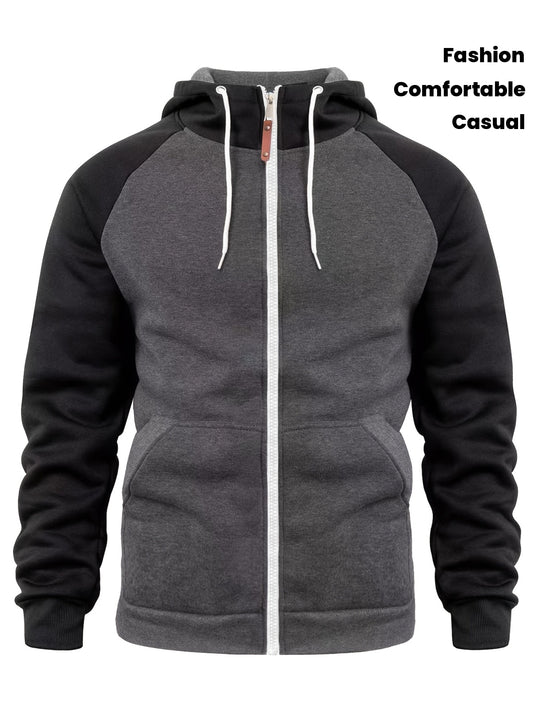 Men'S Stylish Color Block Hoodie - Casual Zip-Up Hooded Sweatshirt with Front Pockets, Long Sleeves, and Ribbed Cuffs - Maroon & Black Design, Comfortable for Fall and Winter Wear