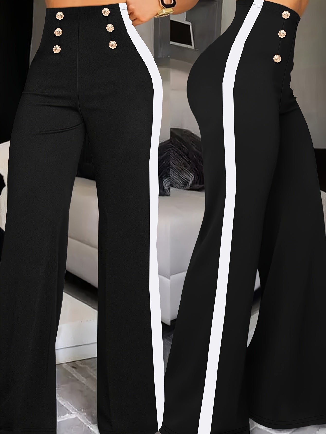 Women's Wide-Leg Casual Trousers with Side Stripe and Button Detail