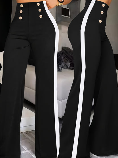 Women's Wide-Leg Casual Trousers with Side Stripe and Button Detail