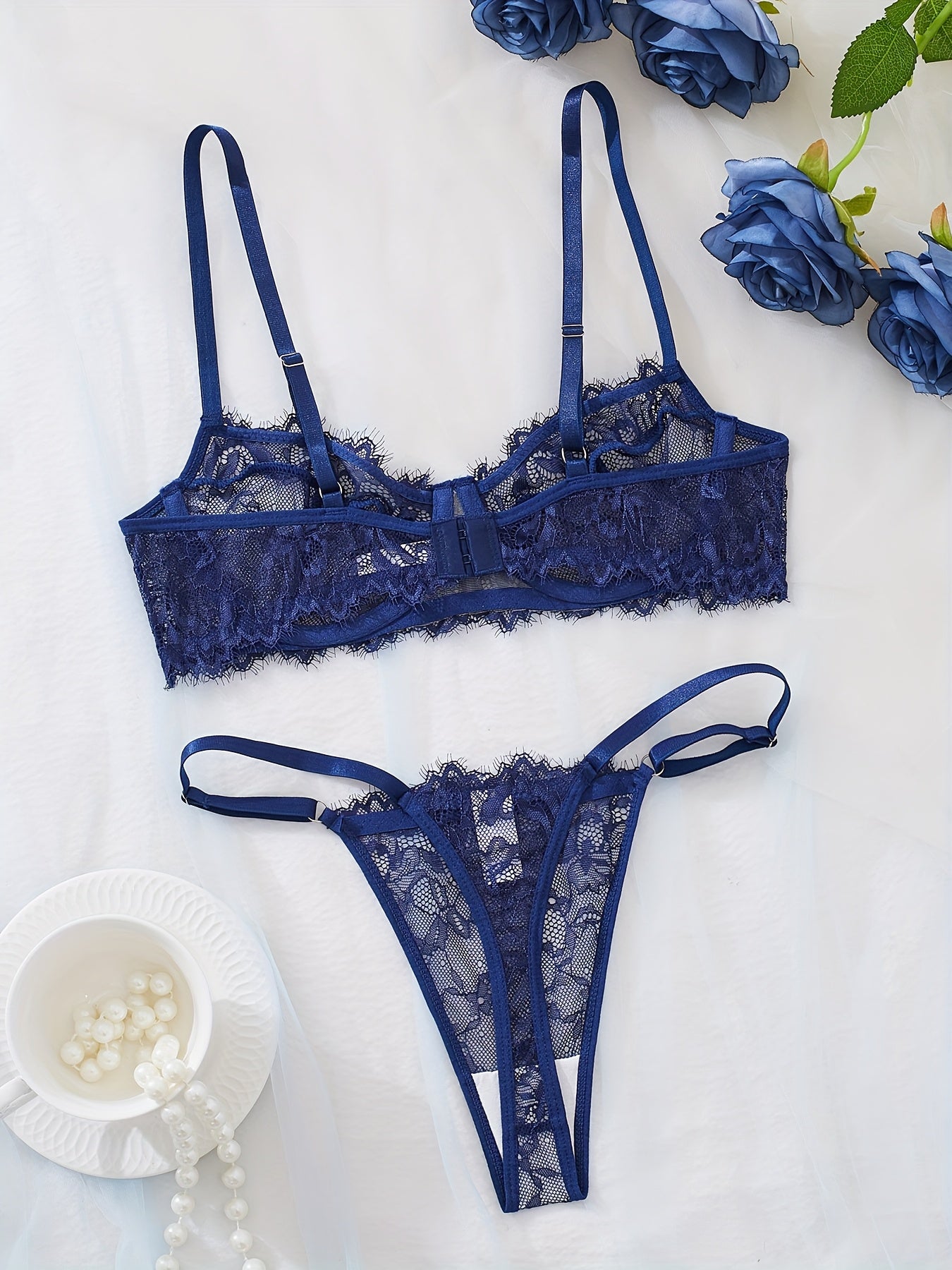 Sexy Lace Eyelash Strappy Lingerie Set for Women