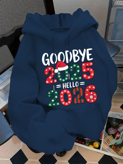 Men's 2025 New Year Red Hooded Sweatshirt - Christmas & New Year's Eve Party Sweater with Goodbye 2024/ 2025 Print, Snowflakes & Santa Hats, Machine Washable Winter Pullover for Holiday Celebrations