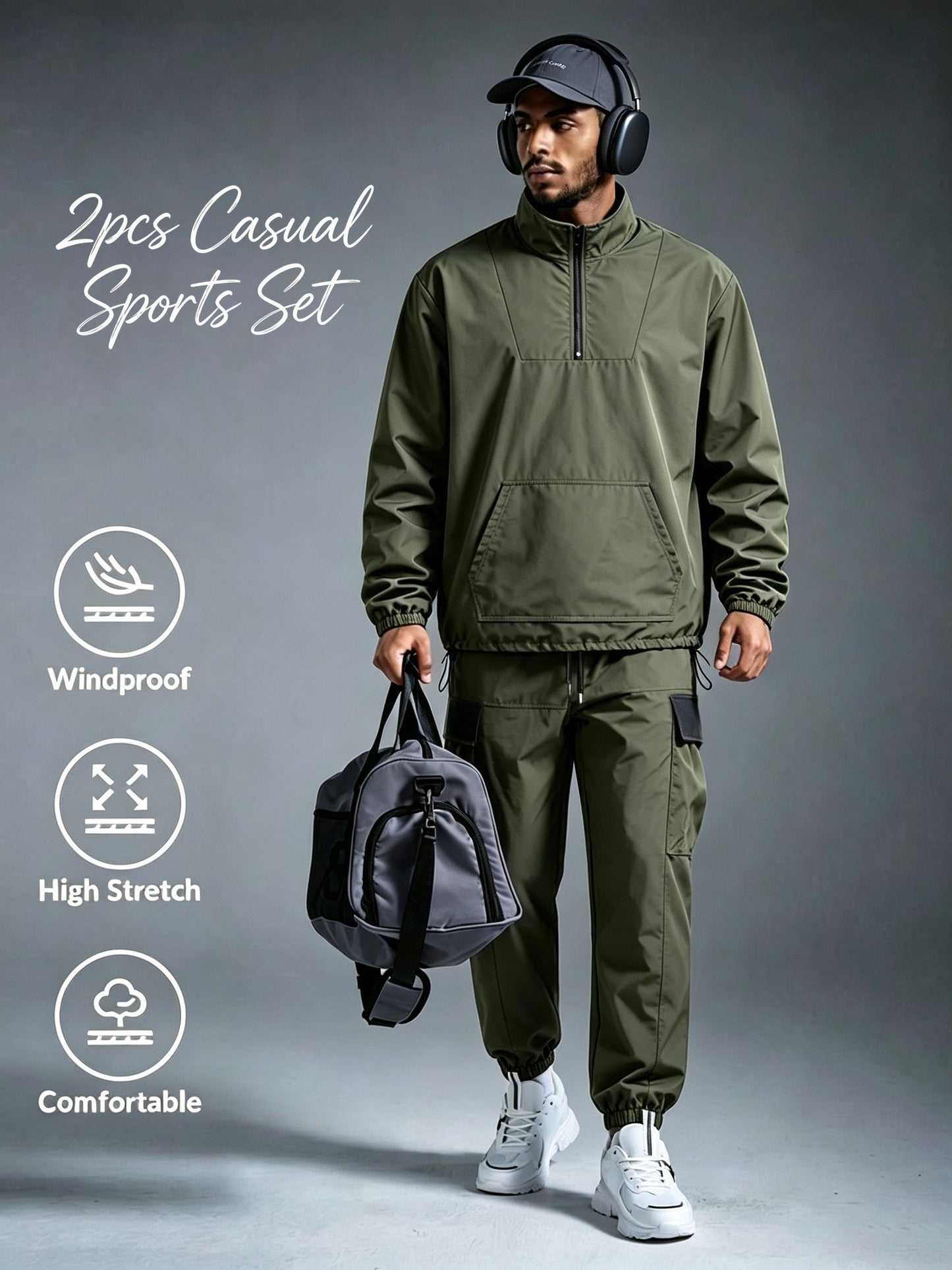 Men's Windproof Nylon Athletic Tracksuit Set with Cargo Pants