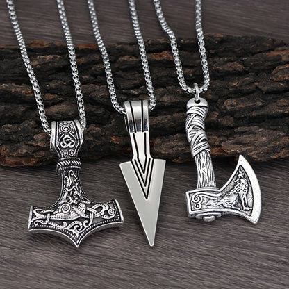 3 Pieces Of Men's Viking Necklace - Viking Hammer Nordic Compass Celtic Knot Wolf Axe Pendant Nordic Amulet Pendant Necklace Holiday Jewelry Gift