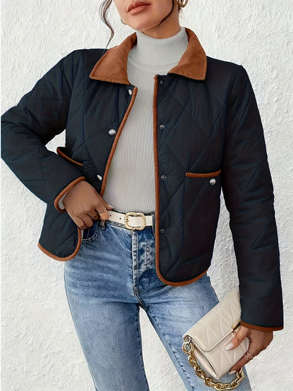 Women's Fashion Elegant Two-Tone Fabric Short Jacket, Color-Block Lapel Collar, Long Sleeve, Suitable for All Occasions, Autumn and Winter