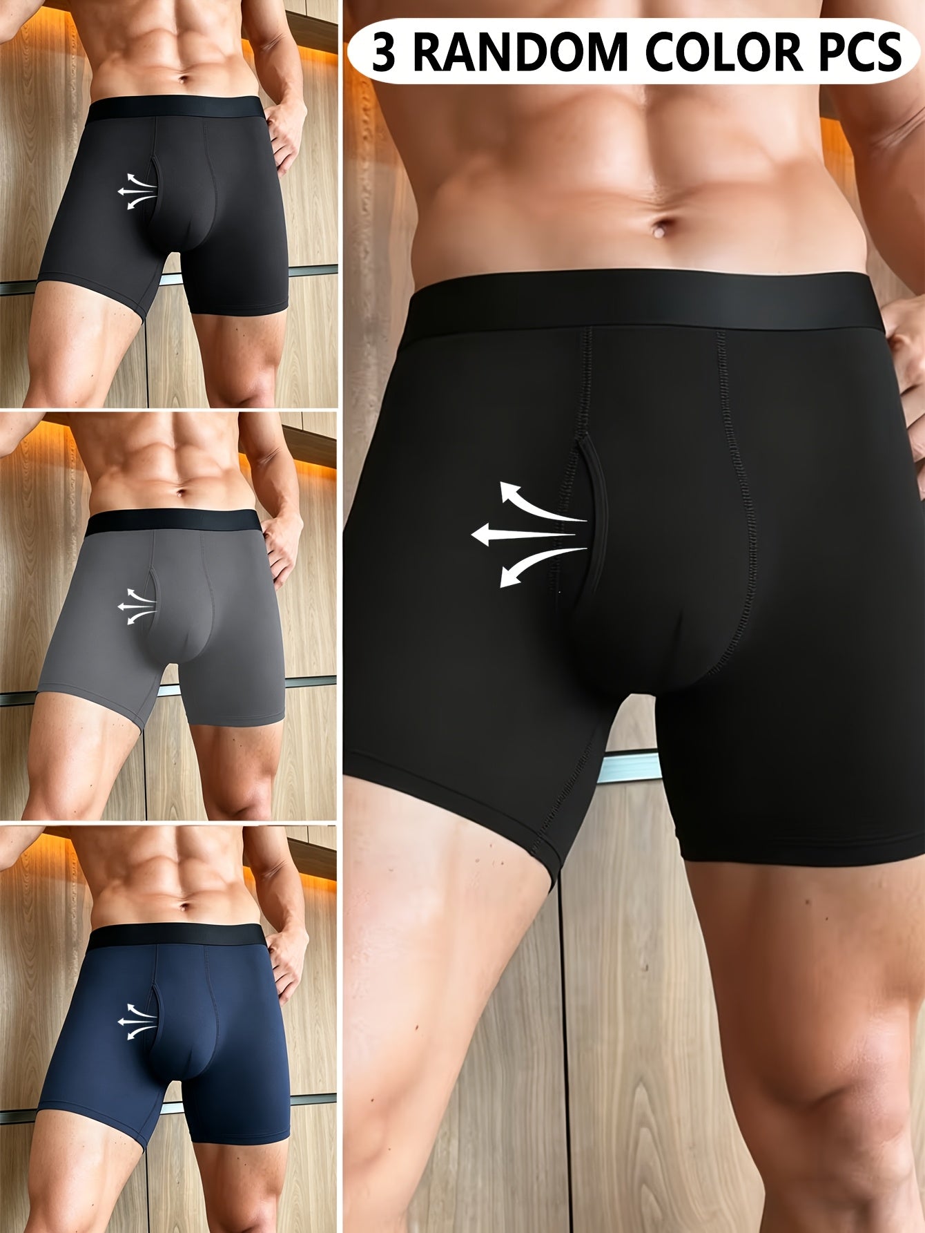 Men's 3-Pack Long Boxer Briefs with Side Opening, Moisture-Wicking