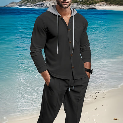 Men'S Lightweight Hooded Cardigan - Long Sleeve Sweater Jacket, Button-Front Closure, Light Grey Casual Outerwear for Office, Casual Attire - Breathable Fall/Spring Layering Essential, Sweater Cardigan, Waffle Texture, Durabl