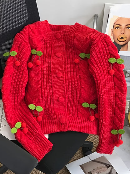 Women'S Purple Cable Cardigan with Cherry & Leaf Embellishments - Cozy Button-Up Sweater for Fall & Winter, Soft & Stylish Design, Perfect for Casual or Holiday Outfits, Winter Cardigan | Cable Cardigan | Buttoned Closure, Sw