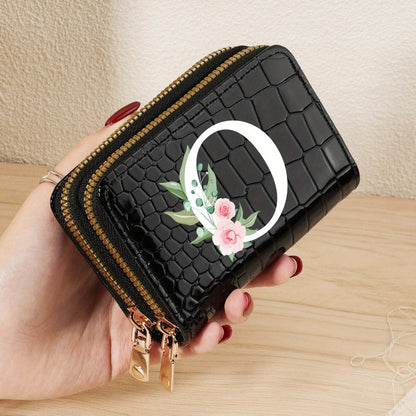 Minimalist Women'S Short Wallet Featuring a Double Zipper Design, with a Crocodile A-Z Letter Pattern. This Stylish Handbag Also Serves As a Fashionable Coin Wallet, Perfect for Travel, Back-To-School, Or Parties.