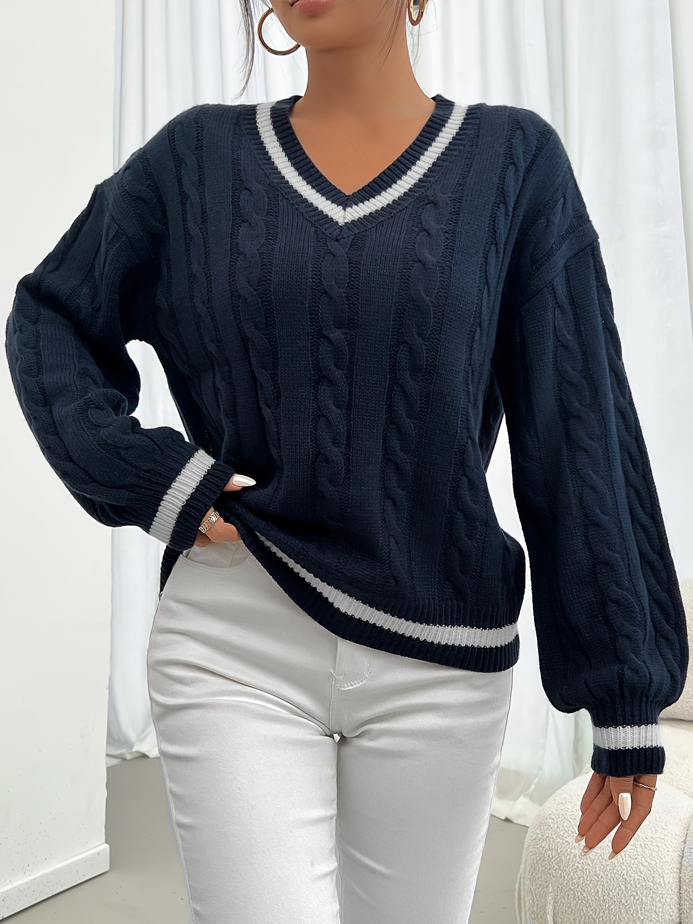 Elegant Women’s V-Neck Cable Knit Drop Shoulder Sweater