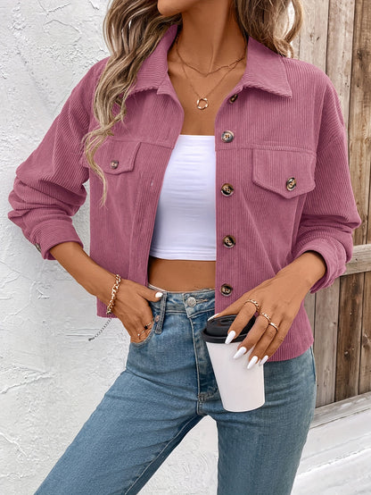 Women'S Elegant Pink Button-Up Jacket with Flap Pockets - Casual Fall Outerwear, Long Sleeve, Button Detail, Polyester Blend, Machine Washable, Casual Outerwear | Buttonup Jacket | Polyester Blend Jacket