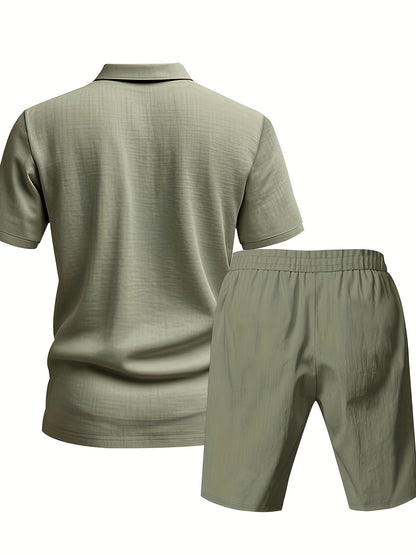 Essential for a Cool Summer! Men's Linen Shirt & Shorts Set, Comfortable Casual Outing Choice - Simple Beach Vacation Style Solid Color Linen