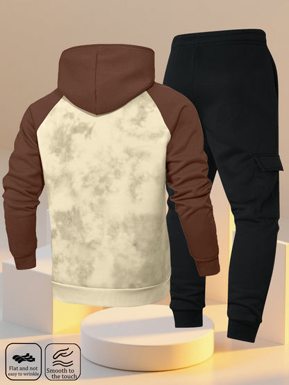 A New Trendy Color-Blocked Hoodie with Raglan Sleeves And Loose-Fitting Cargo Pants Featuring Multiple Pockets, Perfect for Casual Everyday Wear. This Breathable Hoodie And Loose Long Pants Set Comes in a Two-Piece Print Desi
